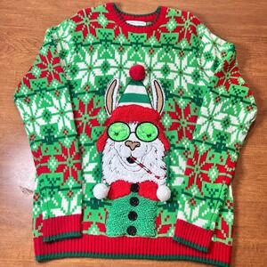 Celebrate Together Ugly Christmas Sweater Llama Graphic Knit Green Red Size L‎